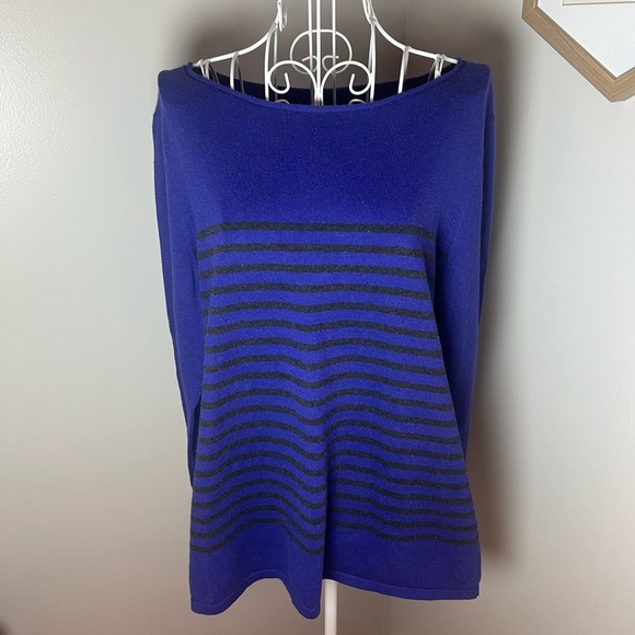 Eileen Fisher Purple Black Stripe Cotton Knit Sweater Sz M Boatneck Fall - Picture 2 of 6